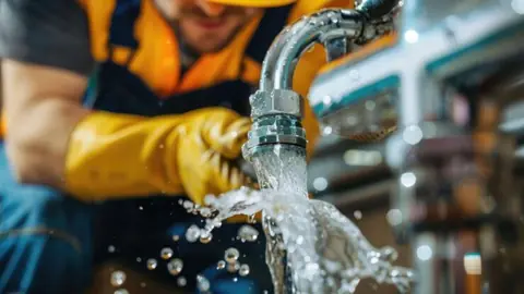 Gloved hand on a burst pipe with water spraying out