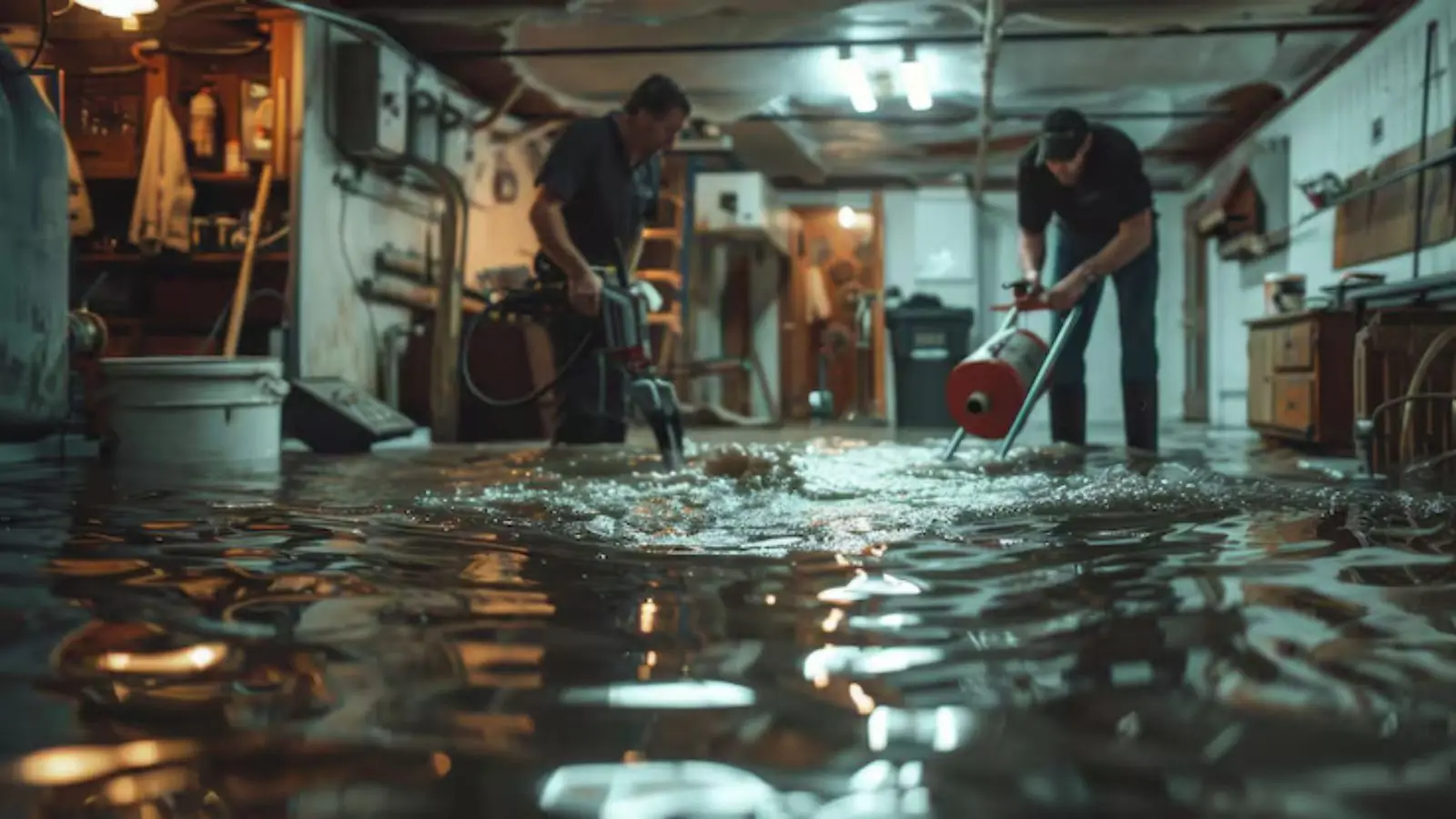 Two crew members pumping standing water out of a flooded basement
