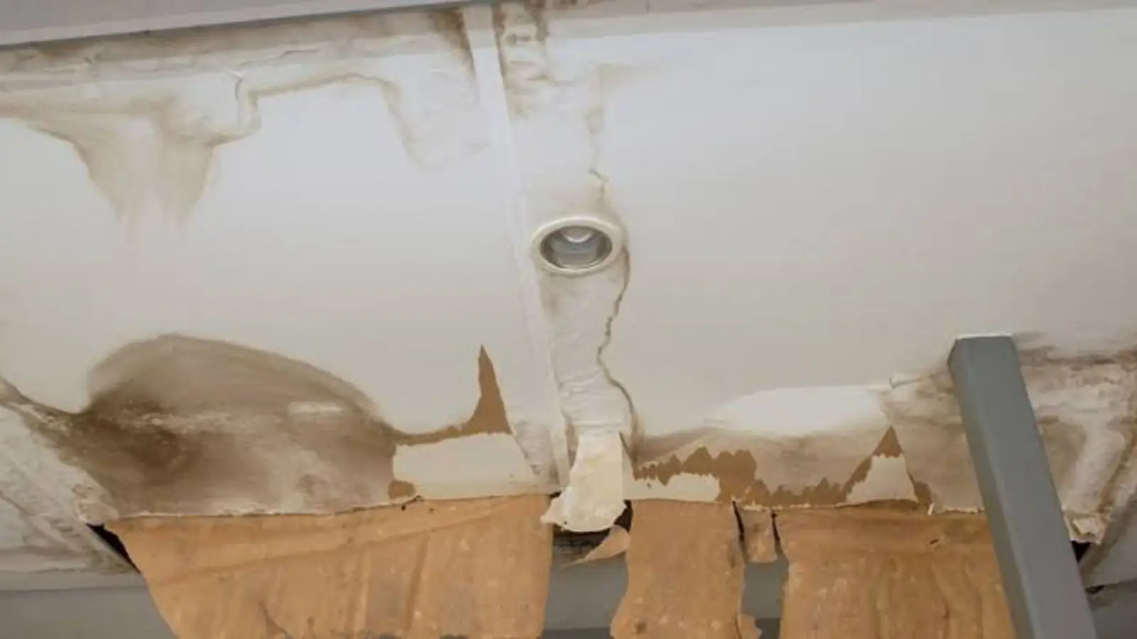 Water-stained and peeling ceiling around a light fixture