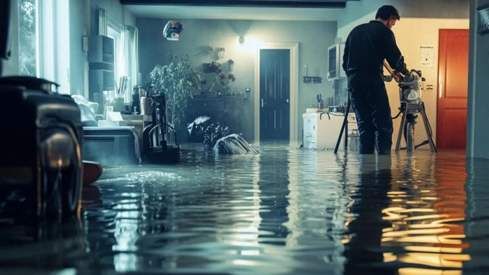 Technician setting up drying equipment in a water-damaged room with flooded floor